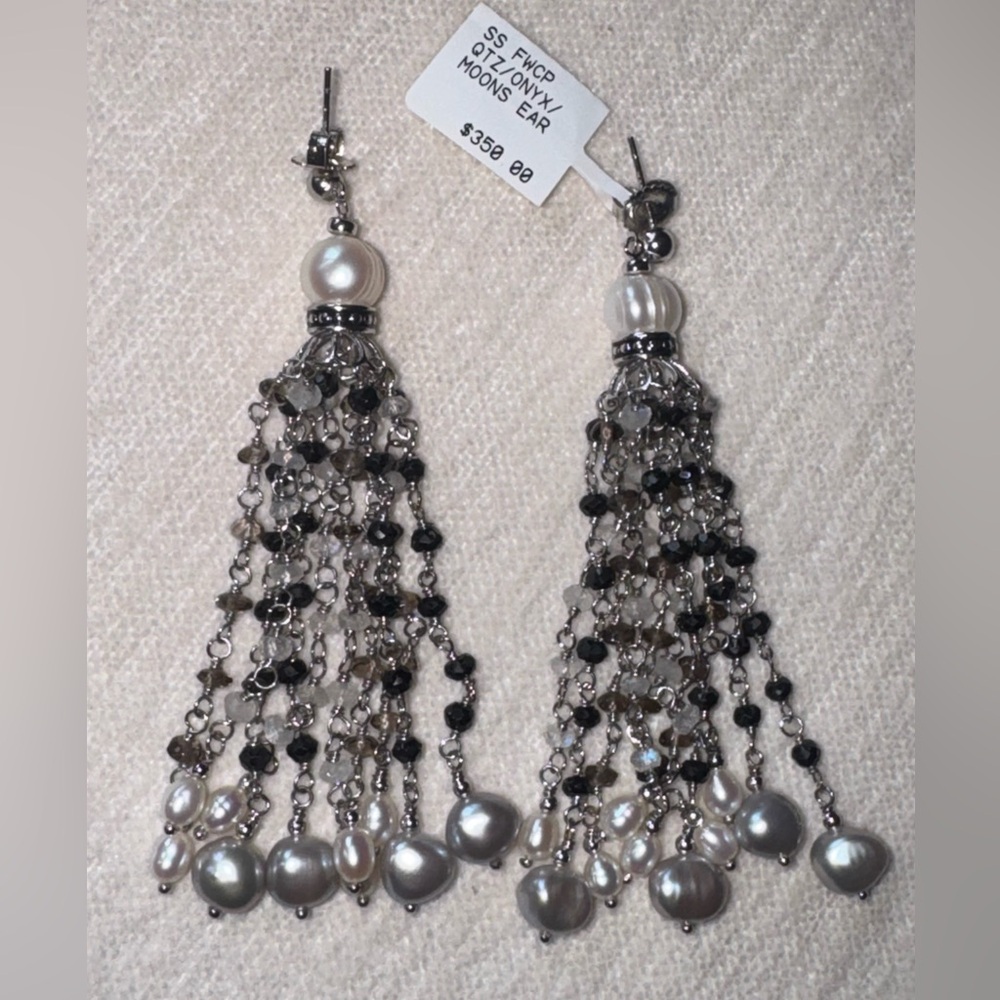 Helzberg Diamonds Dangling Beaded Pearl, Onyx & Quartz Earrings